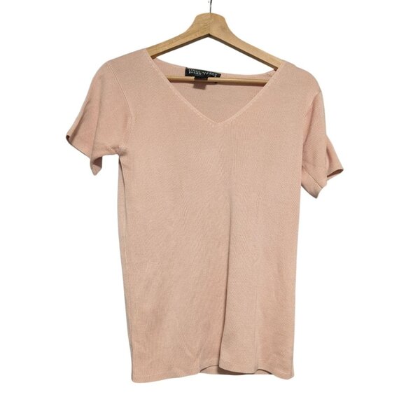 Linda Allard Ellen Tracy Womens 100% Silk Pink V-Neck Ribbed Knit Sweater Top M - Picture 1 of 6